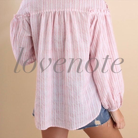 Striped Balloon Sleeve Button Up Collared Tunic - Picture 3 of 6